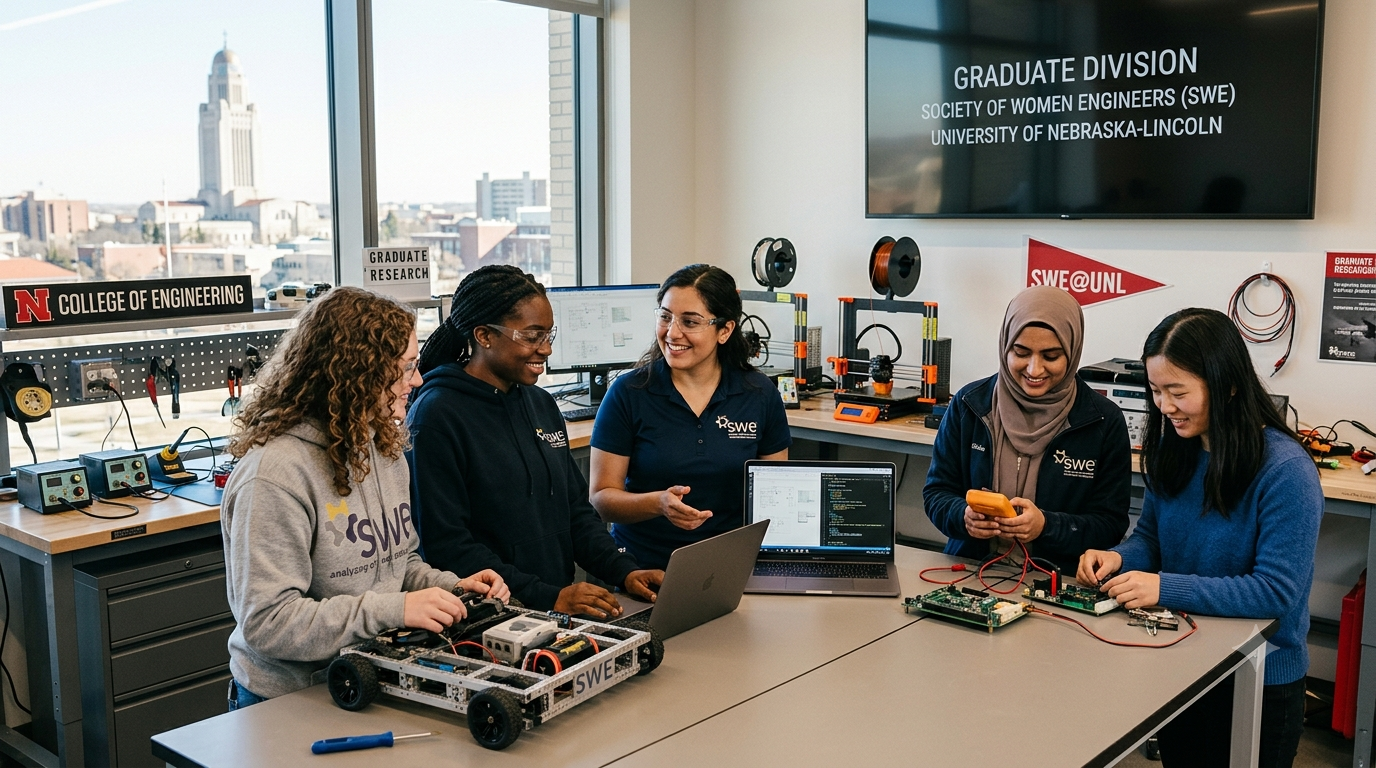 Five women collaborate on engineering projects at a university lab with tools and equipment around.